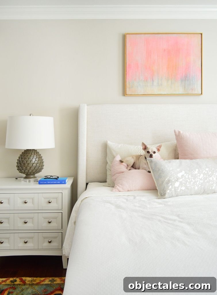 Detail of Upholstered Headboard With Edgecomb Gray Walls and Chihuahua