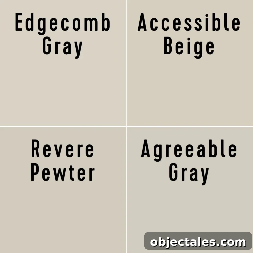 Benjamin Moore Edgecomb Gray: A Versatile Greige for Any Room 16 Swatches Of Edgecomb Gray Accessible Beige Revere Pewter Agreeable Gray Side By Side