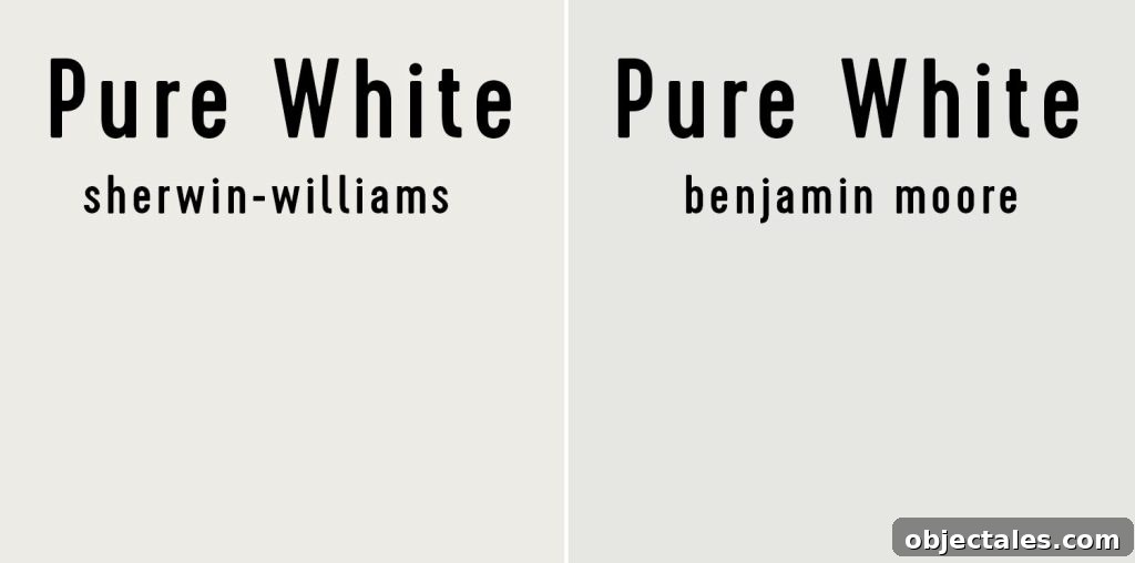 Side by side of Sherwin-Williams Pure White and Benjamin Moore Pure White