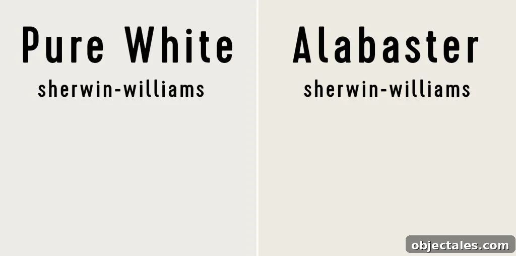 Side by side of Sherwin-Williams Pure White and Sherwin Williams Alabaster