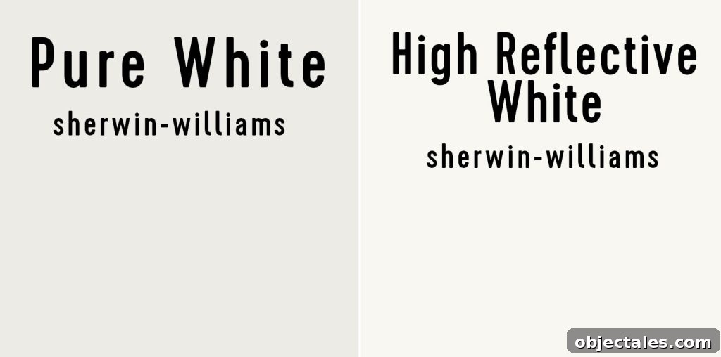 Side by side of Sherwin-Williams Pure White and High Reflective White