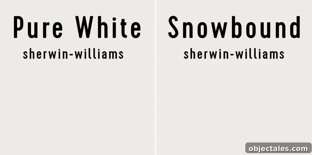 Side by side of Sherwin-Williams Pure White and Snowbound