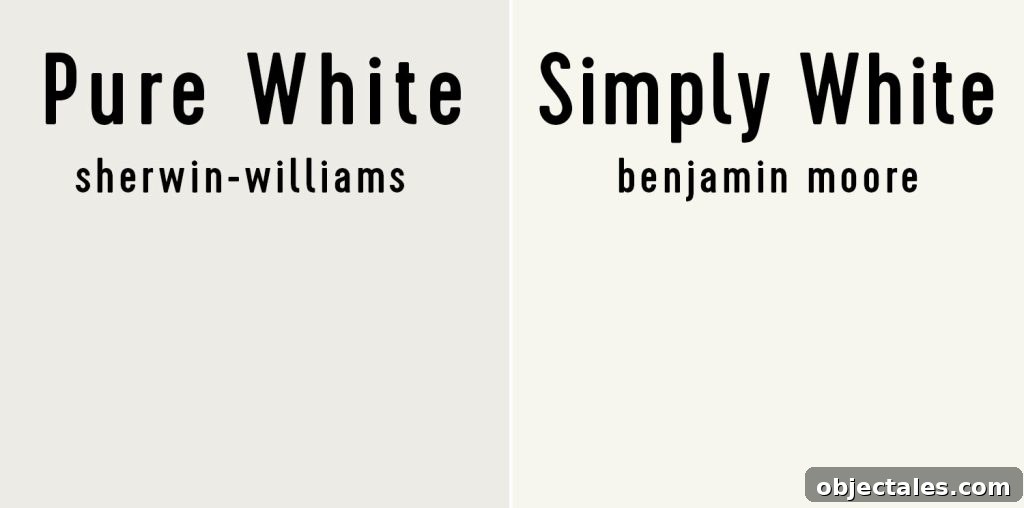 Side by side of Sherwin-Williams Pure White and Benjamin Moore Simply White