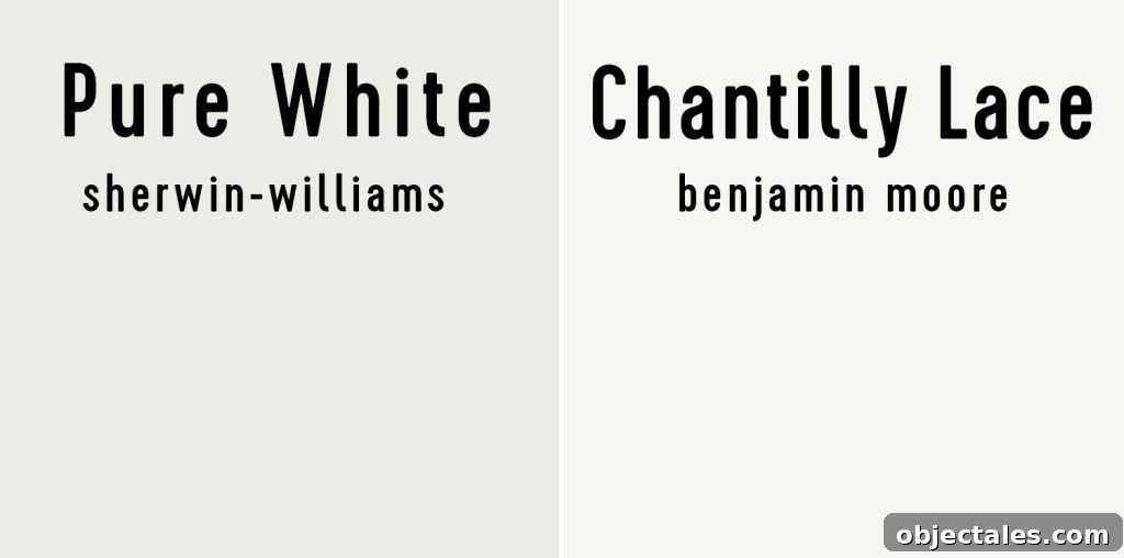 Side by side of Sherwin-Williams Pure White and Benjamin Moore Chantilly Lace