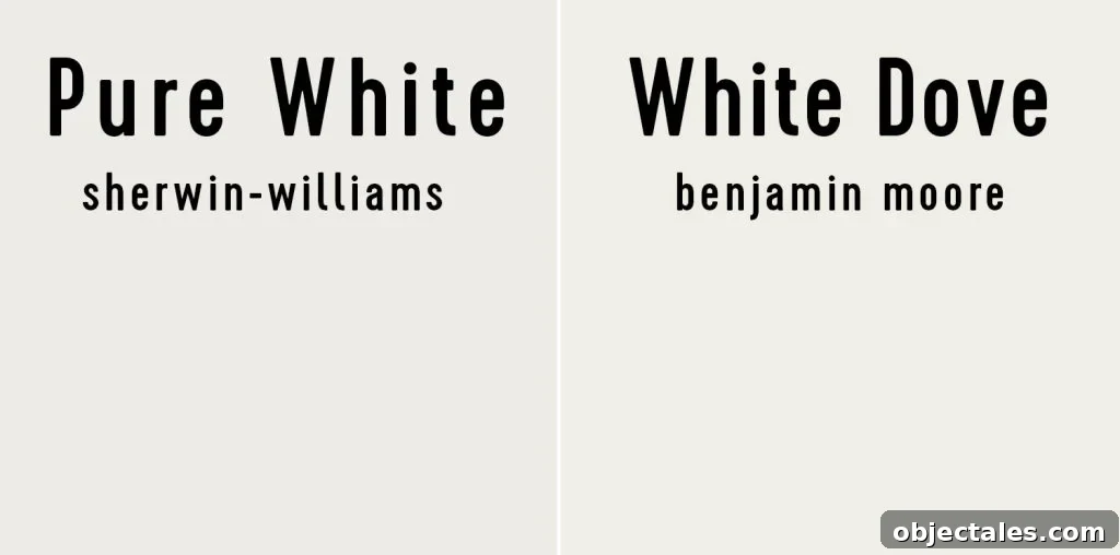 Side by side of Sherwin-Williams Pure White and Benjamin Moore White Dove