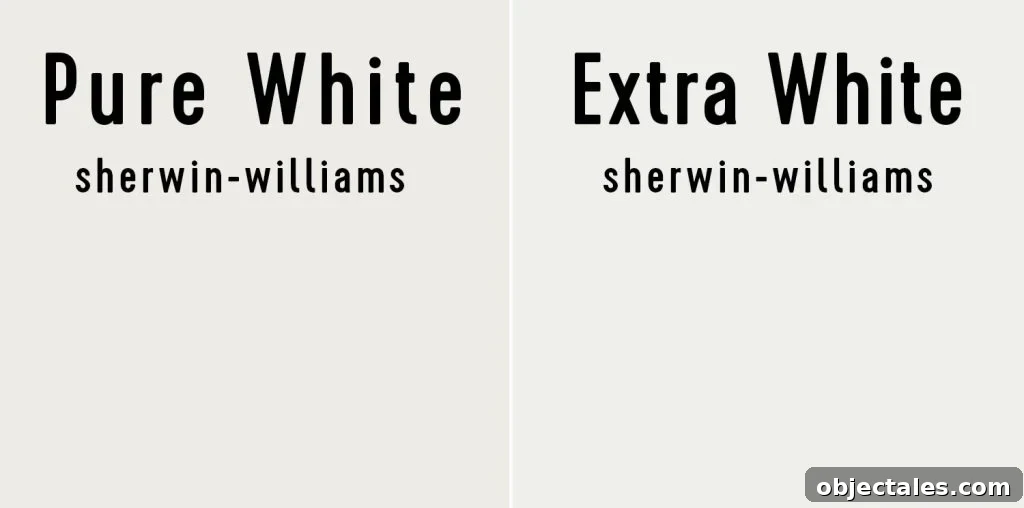 Side by side of Sherwin-Williams Pure White and Benjamin Moore Extra White
