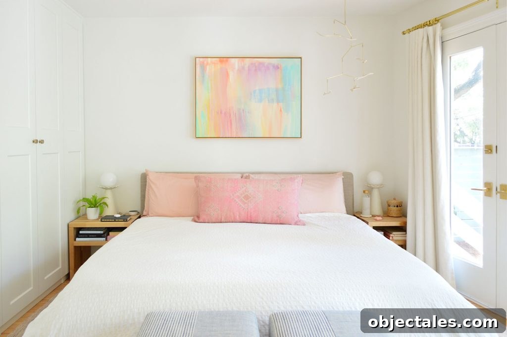 Modern Bedroom With Sherwin William Pure White Walls And Colorful Artwork