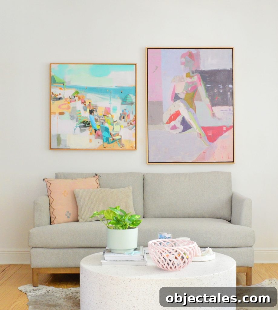 Loveseat With Colorful Paintings On SW Pure White Walls