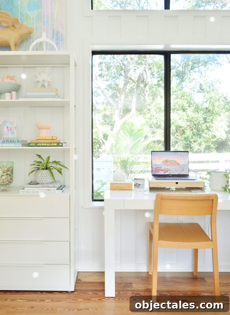 Home Office With Large Window And SW Pure White Walls