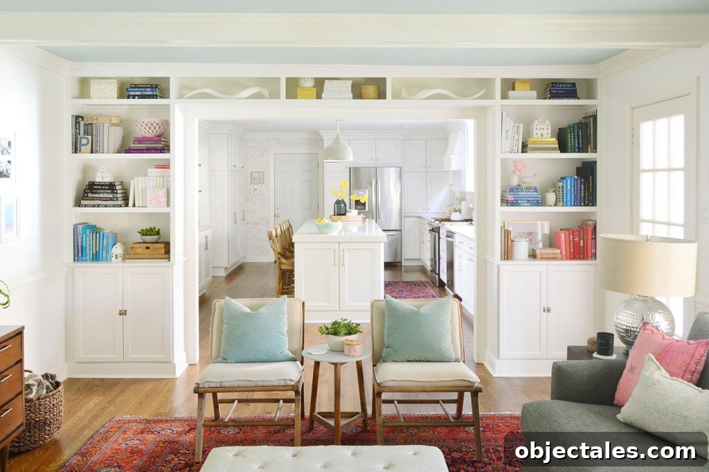 Built-In Bookshelf Around Doorway Painted Benjamin Moore Simply White