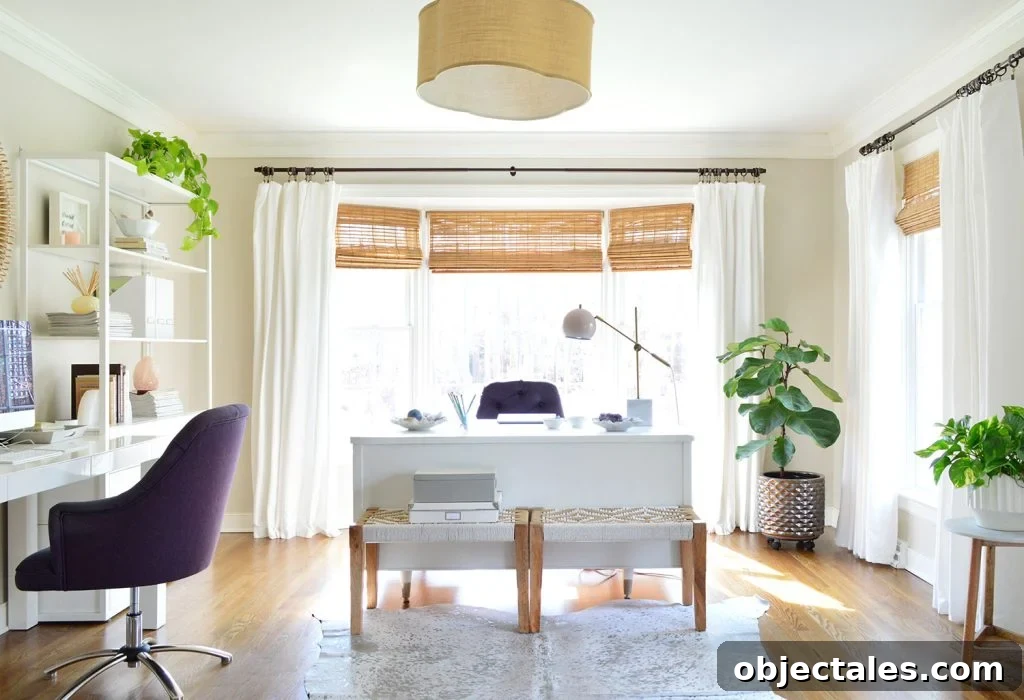 Home Office With Two Desks With Greige Walls And Simply White Trim