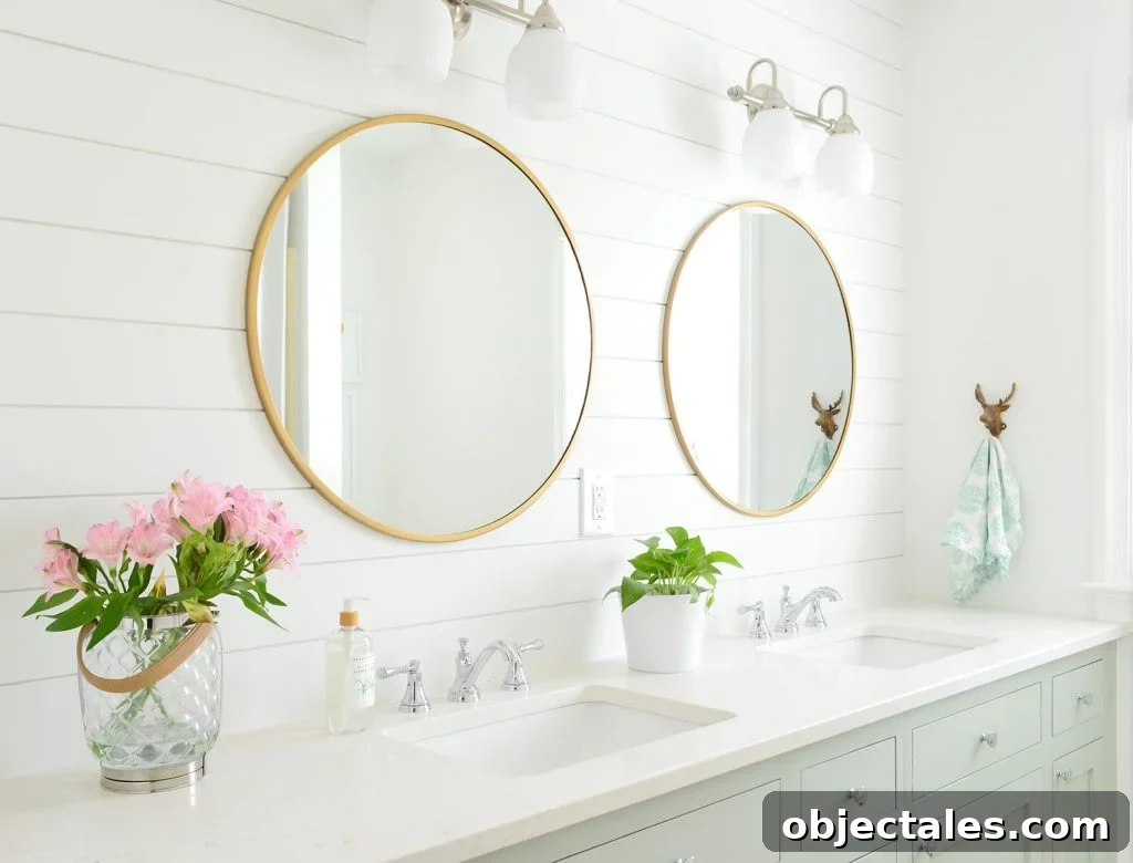 Bathroom With Extra White Shiplap Walls And Green Cabinets