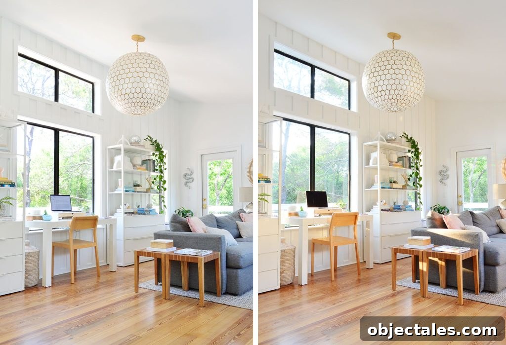 Side by Side of SW Pure White In Bright Light vs Sunset Light