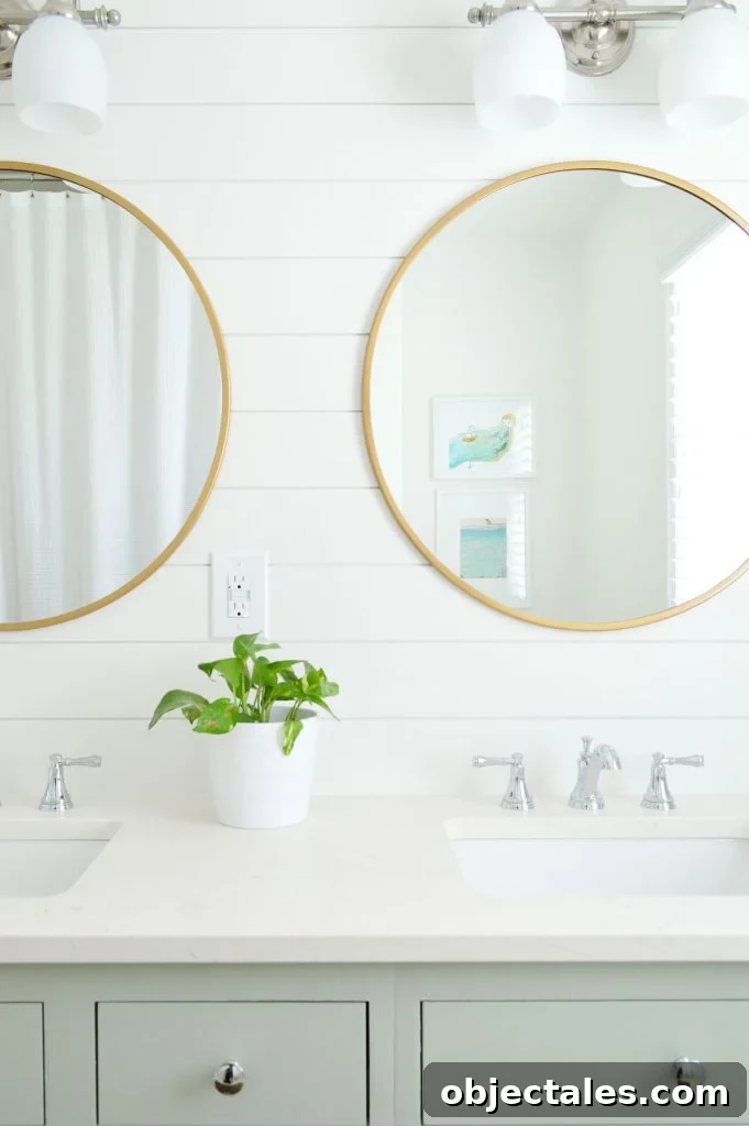 Shiplap Bathroom With Green Cabinets Round Gold Mirrors Extra White Walls