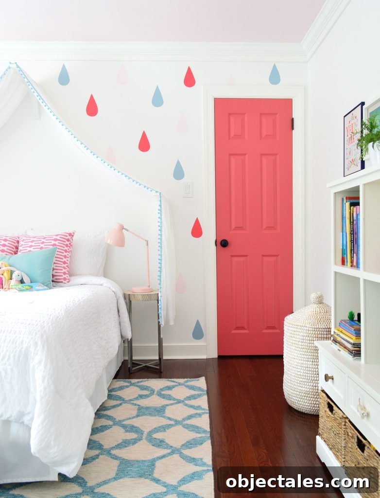Colorful Little Girls Bedroom With Raindrop And Pink Door On Simply White Walls