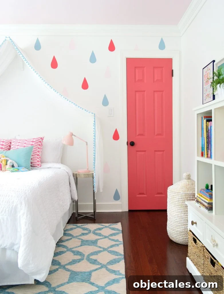 Colorful Little Girls Bedroom With Raindrop And Pink Door On Simply White Walls
