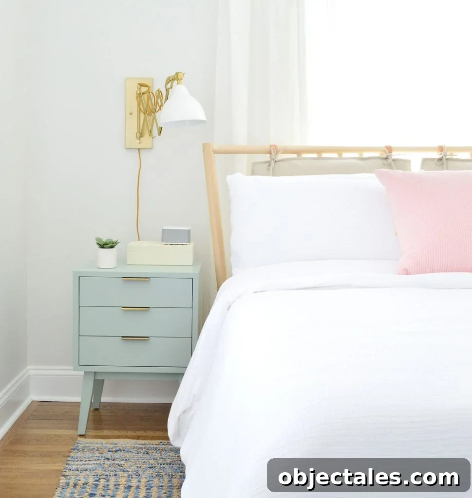 Ikea Wood Bed With Mint Color Nighstand In Beachy Bedroom