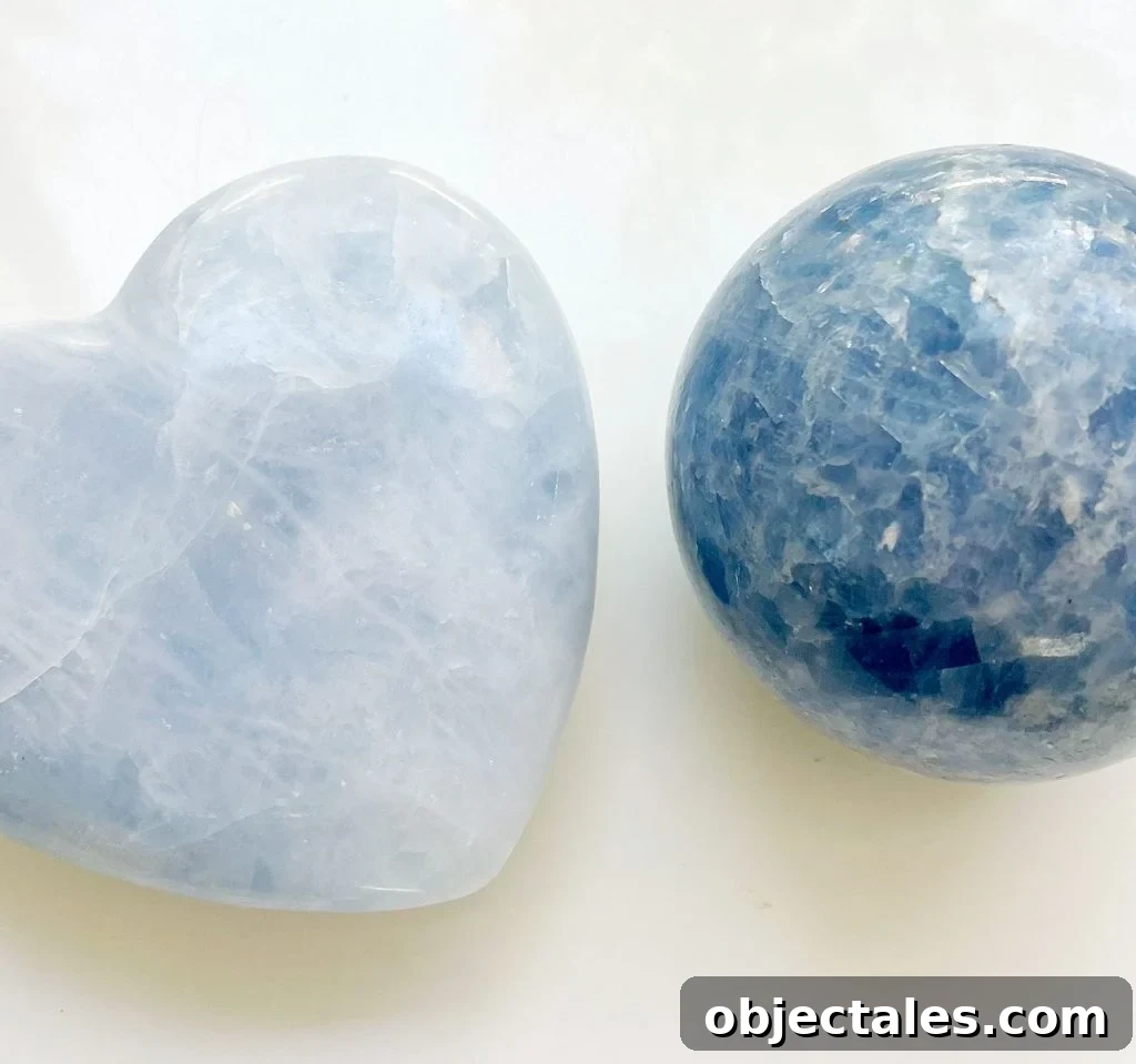 Blue Calcite Crystal: Meaning, Properties and Uses 2 Blue Calcite Crystal Heart And Polished Sphere