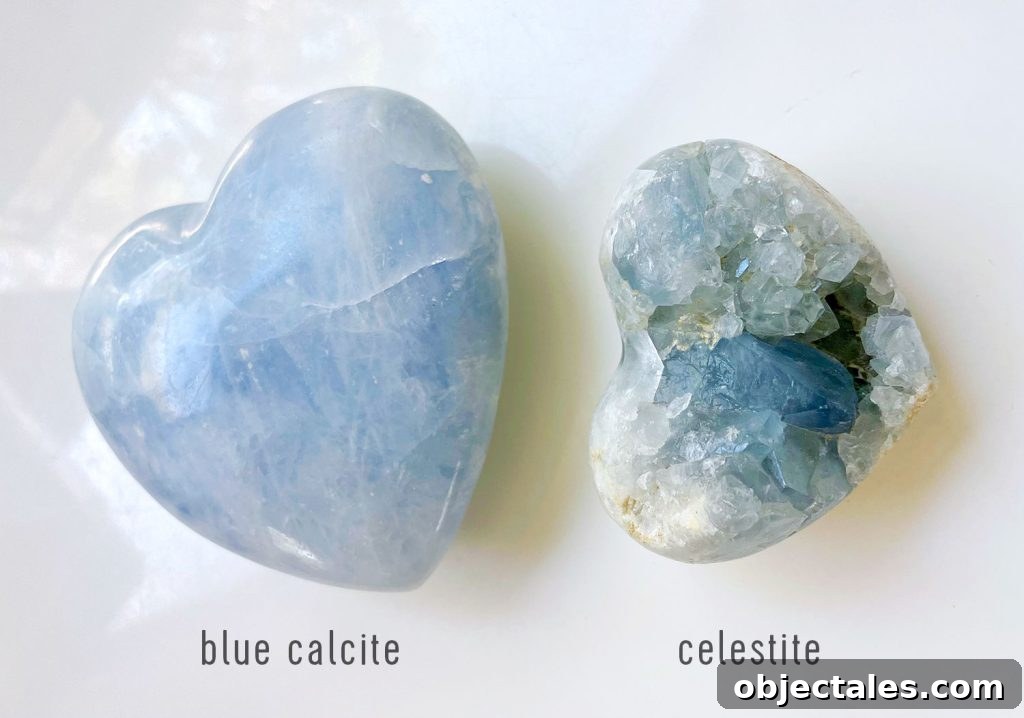 Blue Calcite Crystal: Meaning, Properties and Uses 5 Blue Calcite Vs Celestite Side By Side
