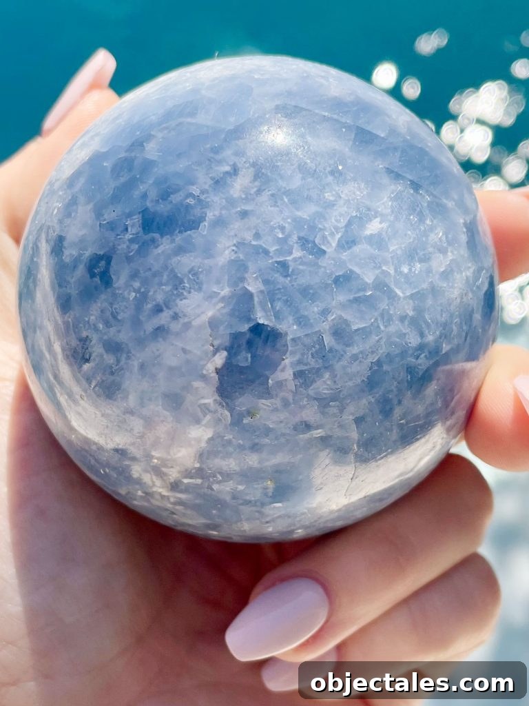 Blue Calcite Crystal: Meaning, Properties and Uses 6 Blue Calcite Crystal Sphere Over Water