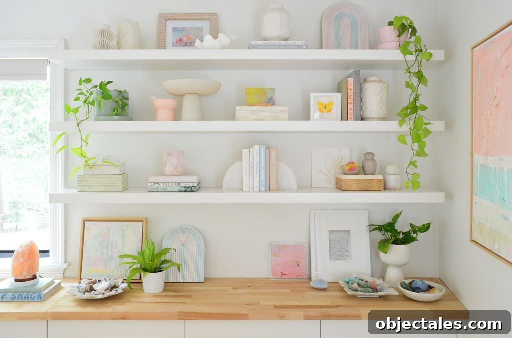 Three Long Ikea Lack Floating Shelves Decorated With Plants Books And Crystals