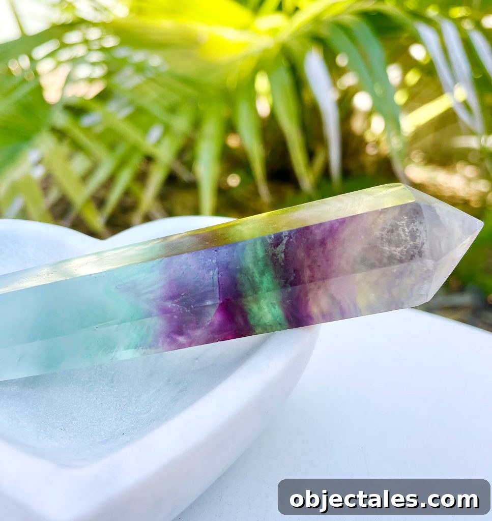 Rainbow Fluorite Crystal In Stone Dish With Plan In Background