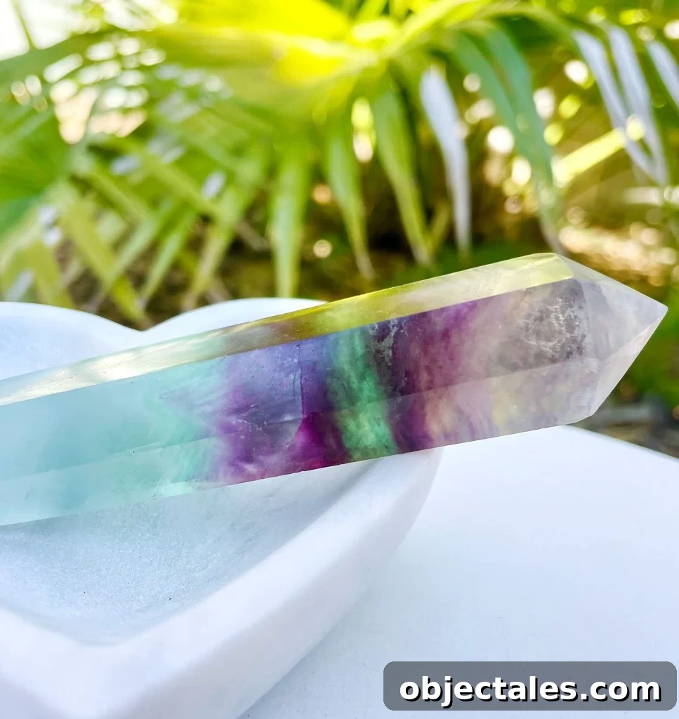 Rainbow Fluorite Crystal In Stone Dish With Plan In Background