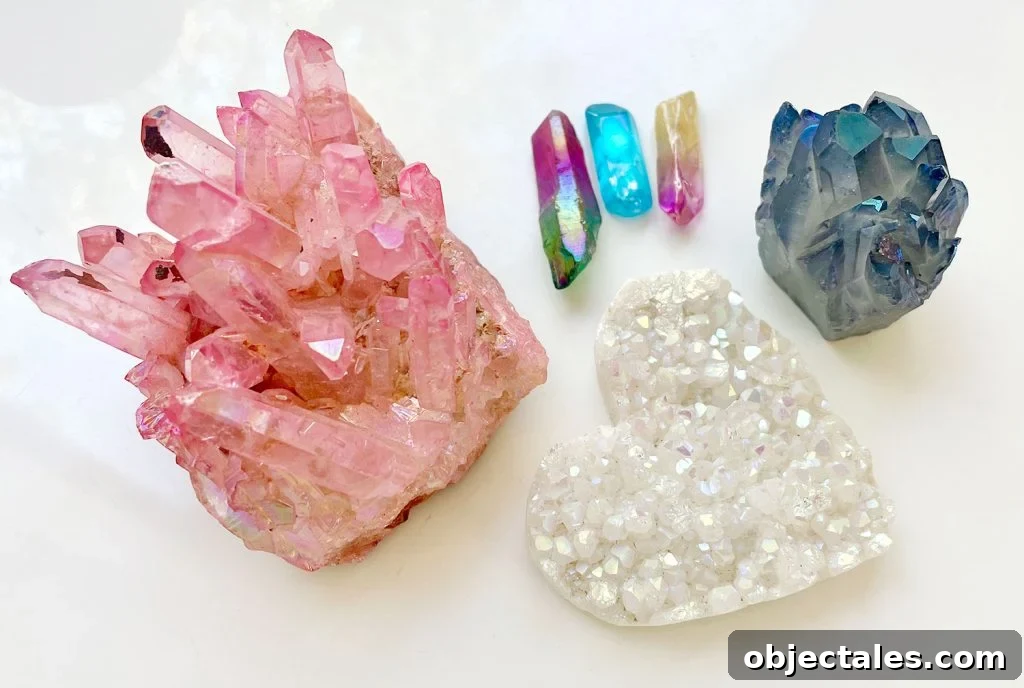 Aura Quartz Crystal: Meaning and Properties 2 Different Colors of Aura Quartz Rose Rainbow Blue Angle