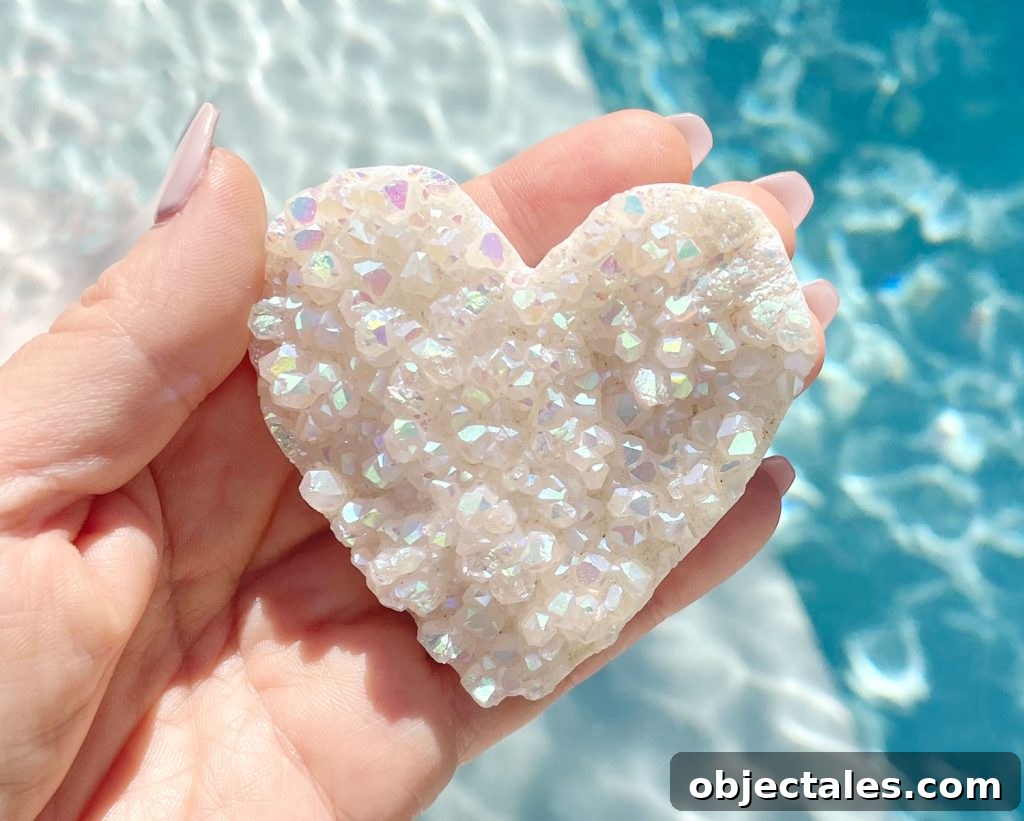 Aura Quartz Crystal: Meaning and Properties 4 Hand Holding Rainbow Angel Aura Quartz Heart Shaped Gemstone