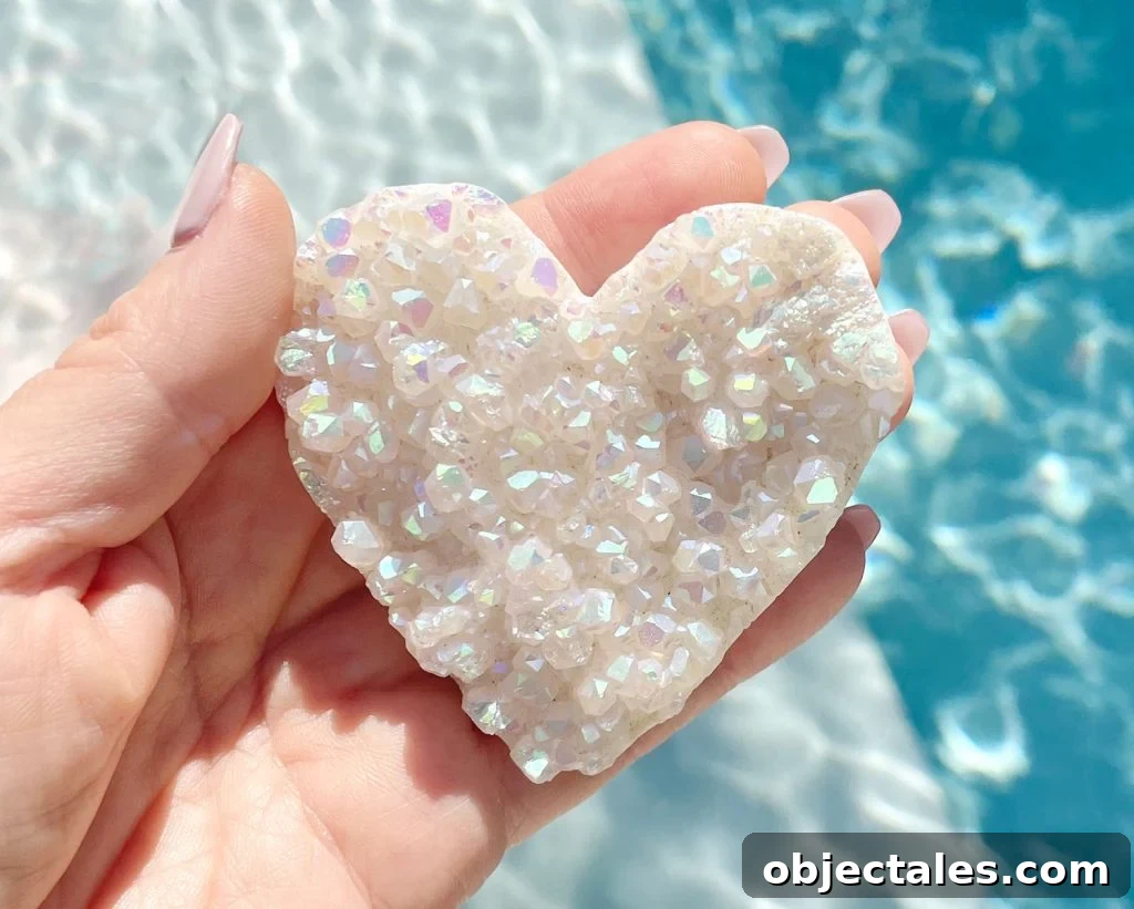 Hand Holding Rainbow Angel Aura Quartz Heart Shaped Gemstone