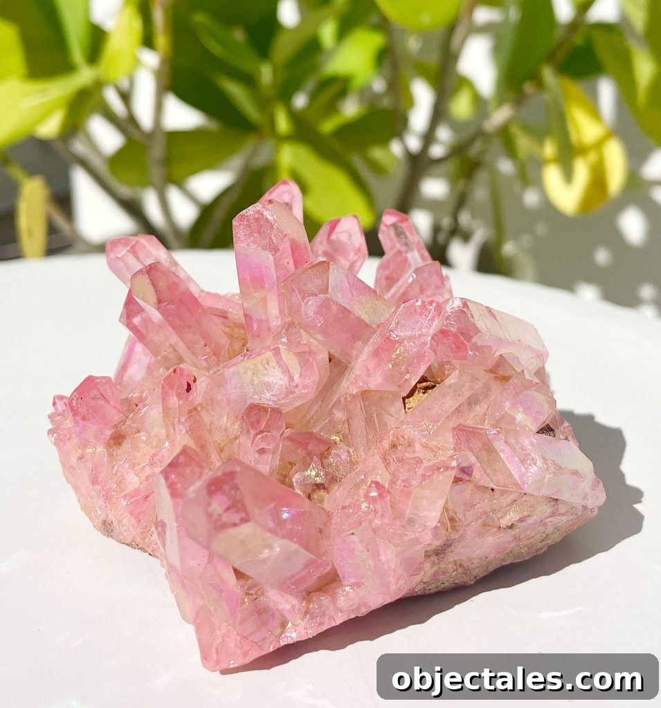 Aura Quartz Crystal: Meaning and Properties 6 Rose Aura Quartz Crystal Cluster