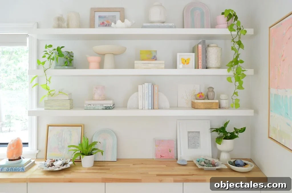 Three Long Ikea Lack Floating Shelves Decorated With Plants Books And Objects