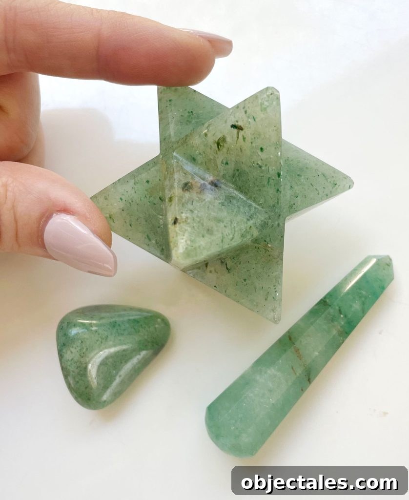 Green Aventurine Crystal: Meaning, Properties and Uses 5 Various shapes of green aventurine crystal including a merkaba asteroid polished stone and polished point