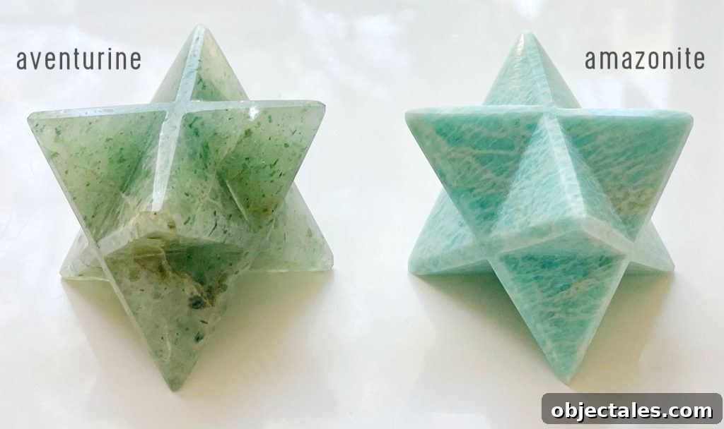 Green Aventurine Crystal: Meaning, Properties and Uses 6 Side by side comparison of aventurine and amazonite crystals