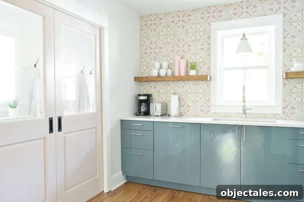 How to Build Floating Kitchen Shelves 13 Floating Kitchen Shelves In Colorful Kitchen With Pink Tile And Blue Cabinets