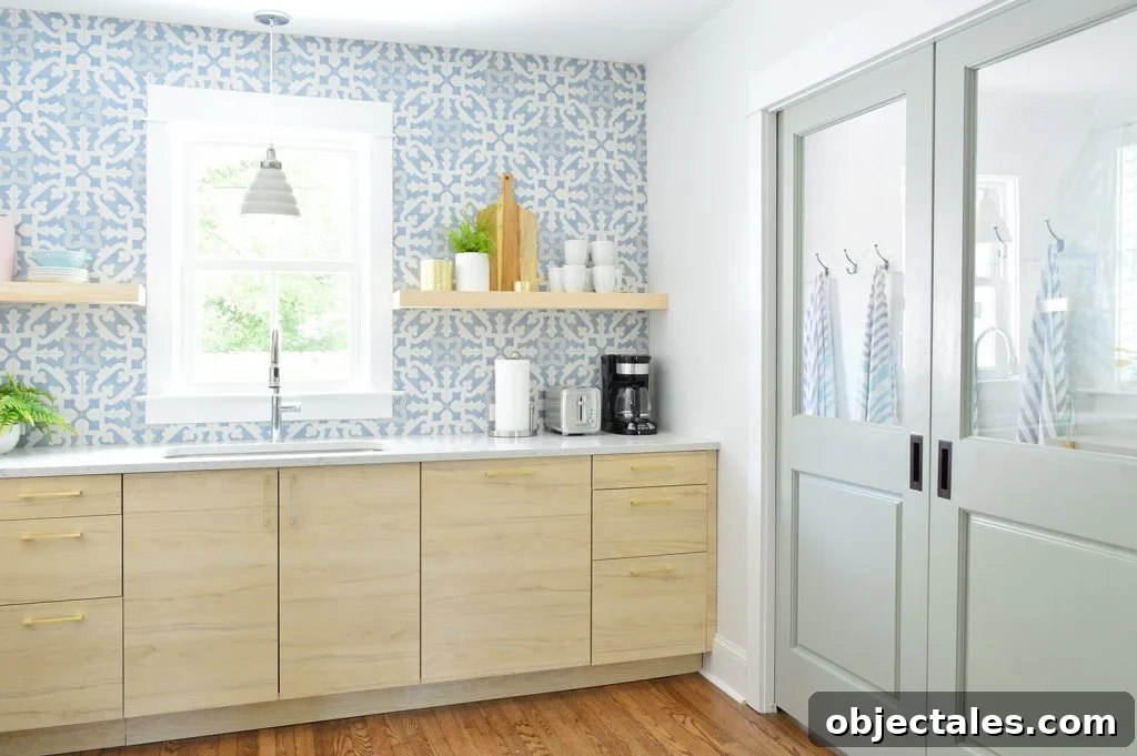 How to Build Floating Kitchen Shelves 14 Floating Kitchen Shelves In Wood Toned Kitchen With Blue Backsplash