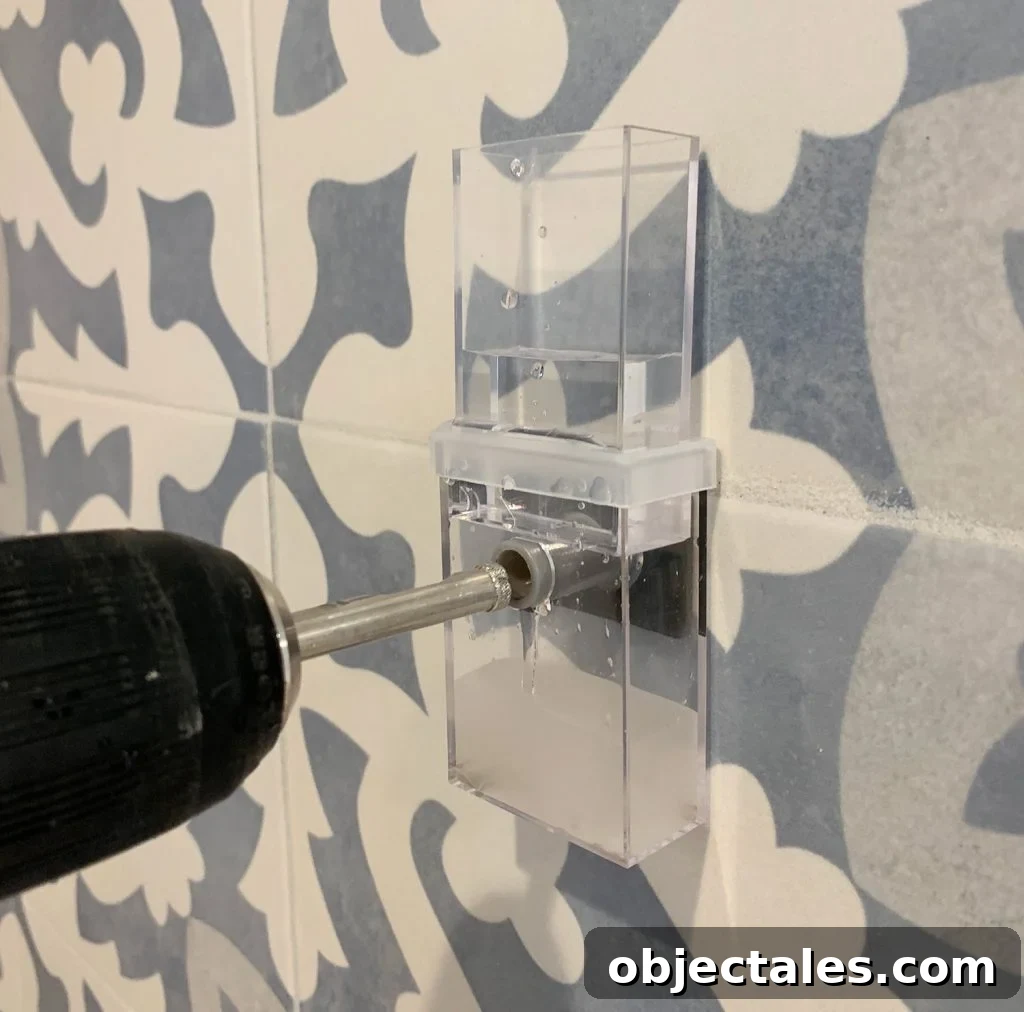 DIY Floating Kitchen Shelves: Build and Install Guide 8 Screwdriver Drilling Through Tile Backsplash Using Water Delivery System