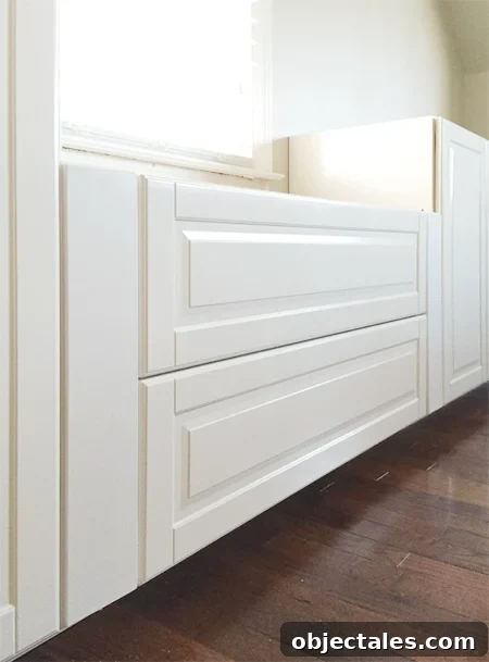 How to Build Custom Built-In Cabinets: Step-by-Step 10 Filler panels added to Ikea Bodbyn Sektion cabinet drawers bases