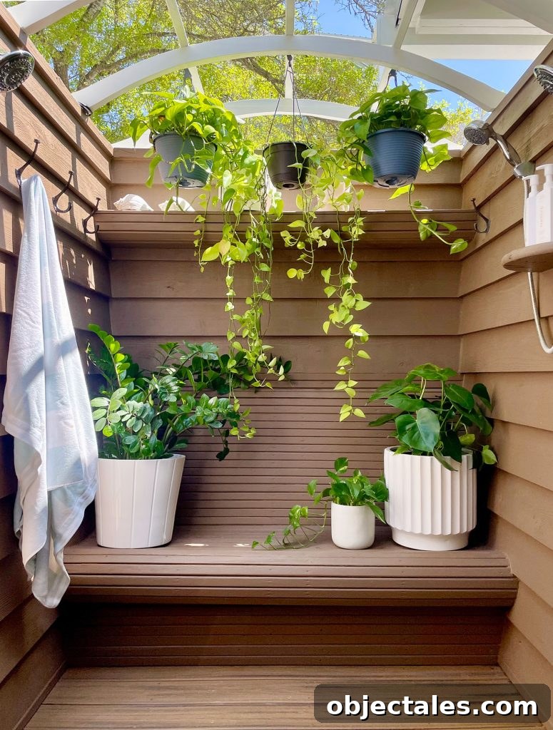 How We Used Solid Stain on Our Outdoor Shower 9 Outdoor Shower With Solid Stain Behr Tugboat Walls And Plants