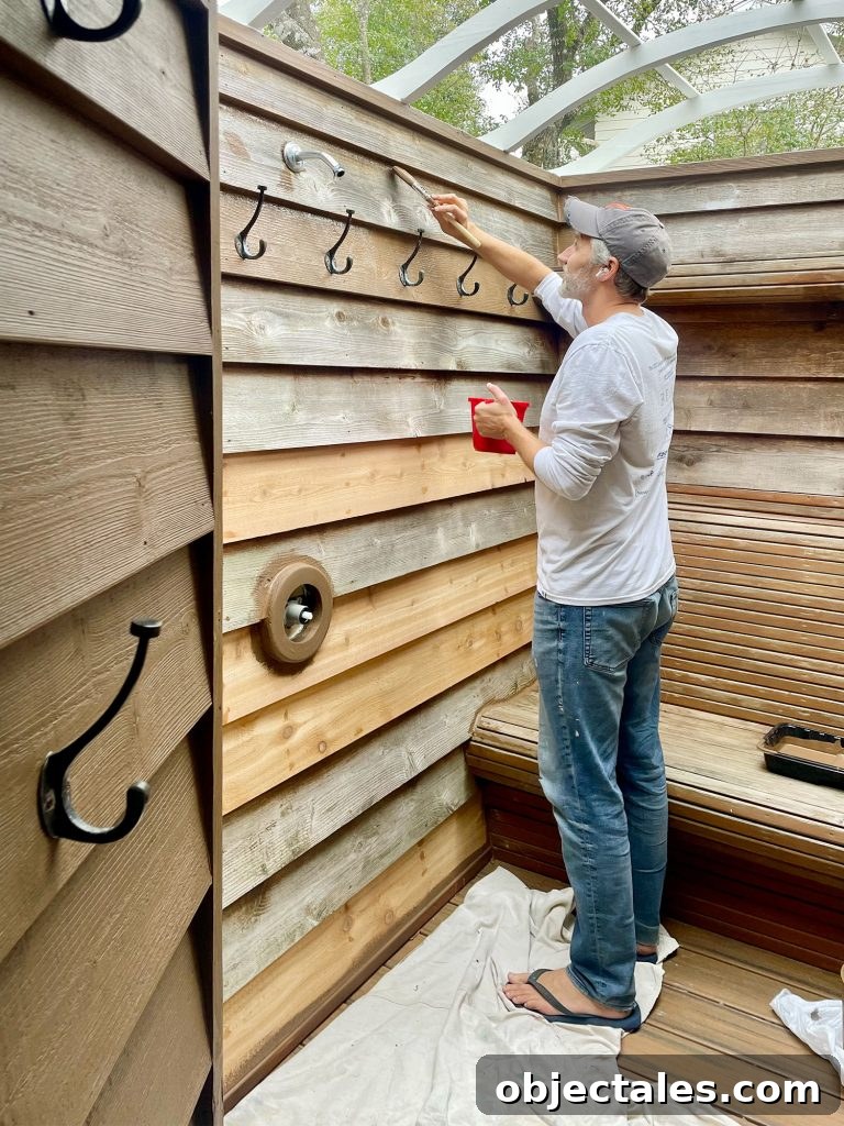 How We Used Solid Stain on Our Outdoor Shower 16 John Brushing Behr Solid Stain On Cedar Outdoor Shower Walls