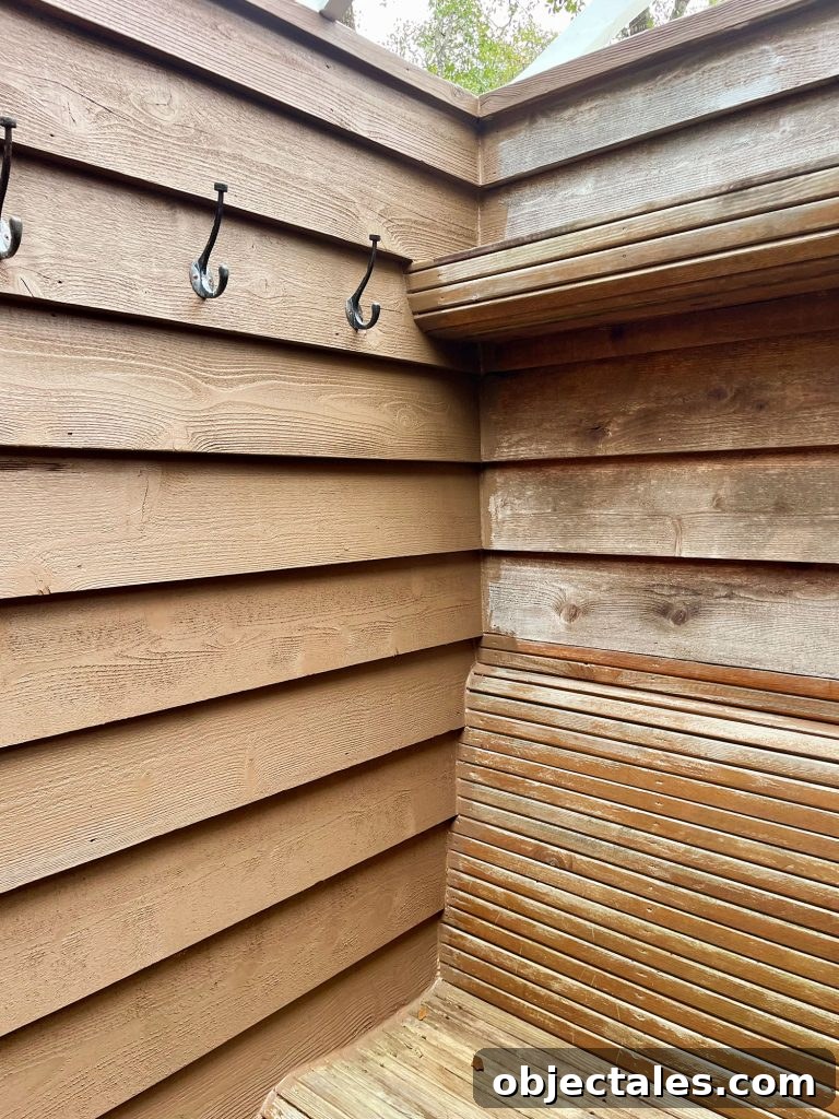 How We Used Solid Stain on Our Outdoor Shower 17 One Wall Of Outdoor Shower Completed With Tugboat Solid Stain by Behr
