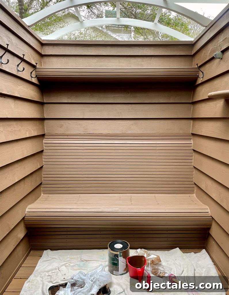 How We Used Solid Stain on Our Outdoor Shower 18 Outdoor Shower With Behr Premium Solid Stain Tugboat Color