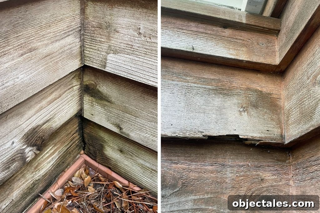 How We Used Solid Stain on Our Outdoor Shower 6 Two Examples Of Rotted Cedar Siding In Outdoor Shower