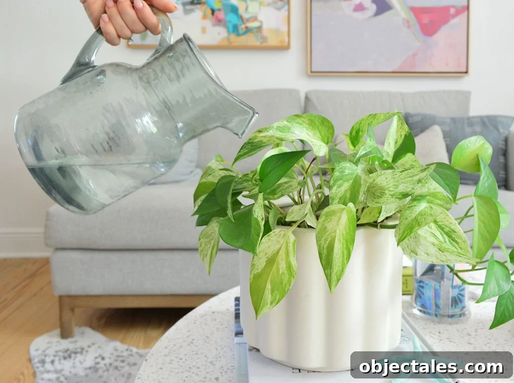 Watering Can Pouring Water In Marble Queen Pothos