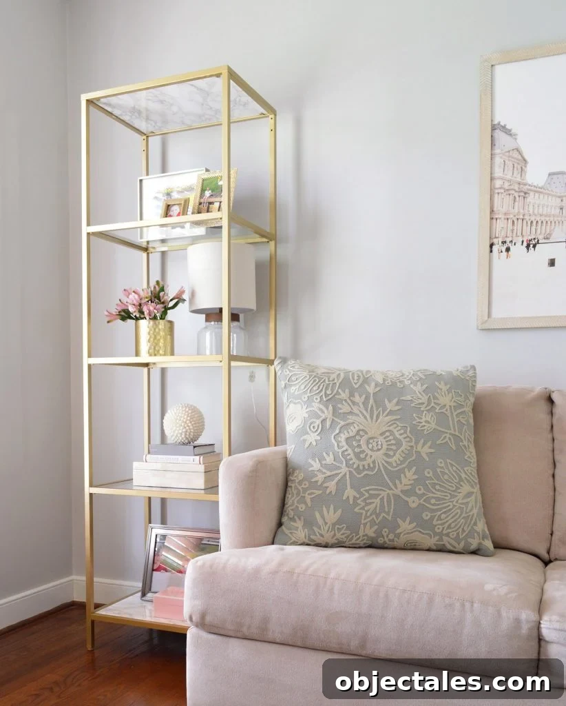 Living Room With Repose Gray Walls And Gold Ikea Shelf