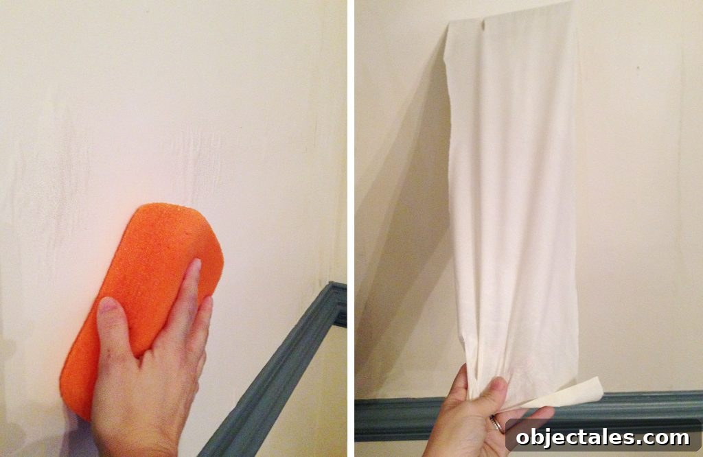 How to Remove Wallpaper Without Damaging Walls 13 Large Sponge Wiping On Wall To Remove Strip Of Wallpaper Glue