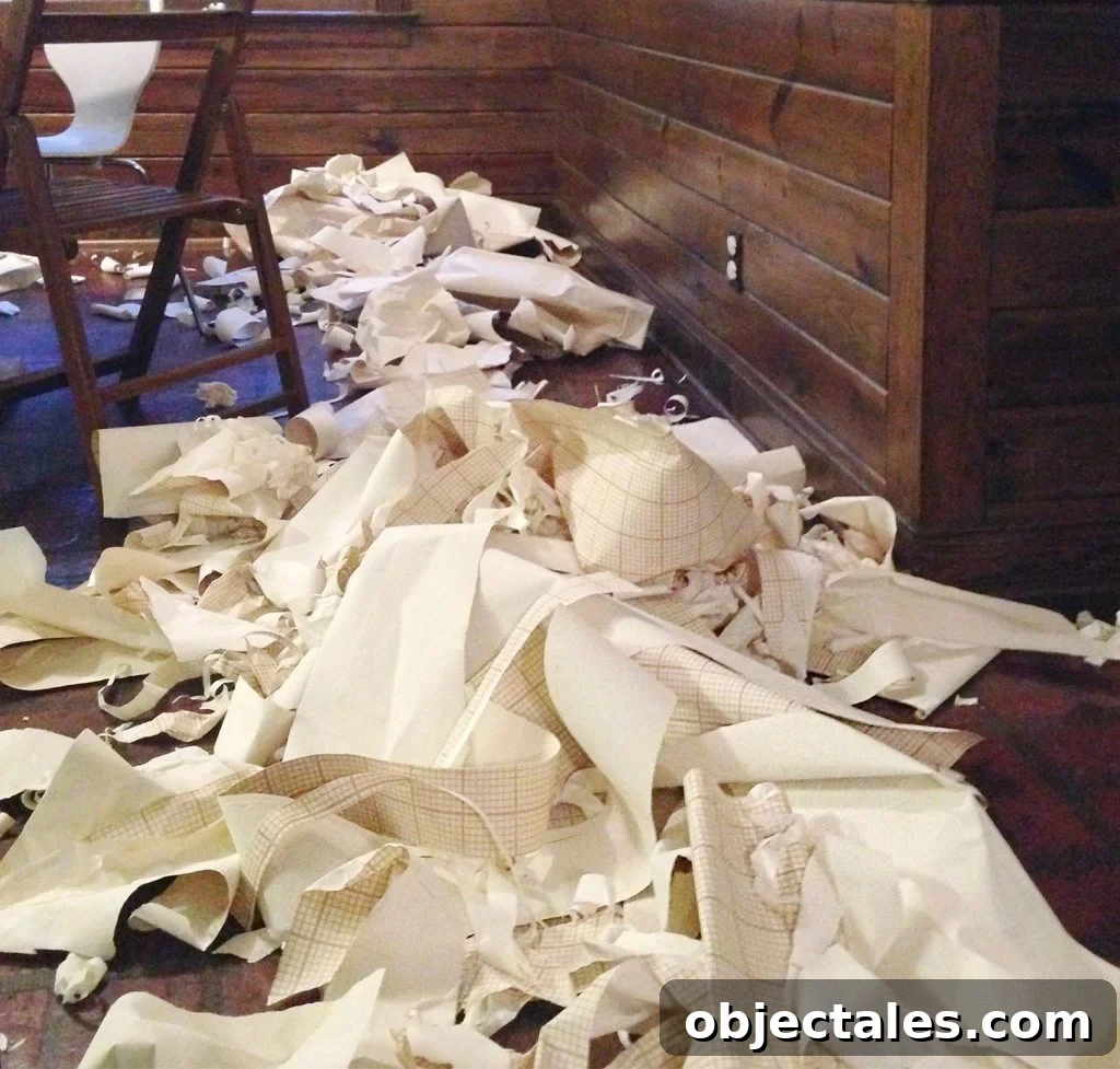 How to Remove Wallpaper Without Damaging Walls 16 Removed Wallpaper Scraps On Floor Of Kitchen