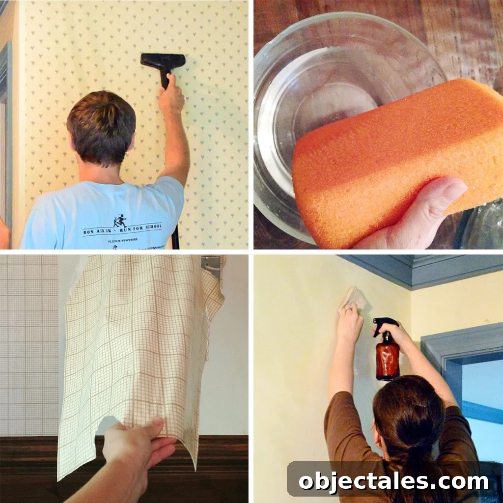How to Remove Wallpaper Without Damaging Walls 5 Grid of Four Ways To Remove Wallpaper