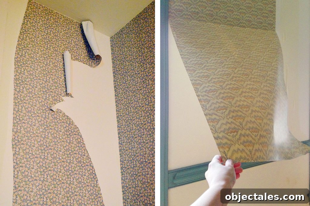How to Remove Wallpaper Without Damaging Walls 8 Side by Side of Torn Wallpaper Strips And Full Sheet Coming Off
