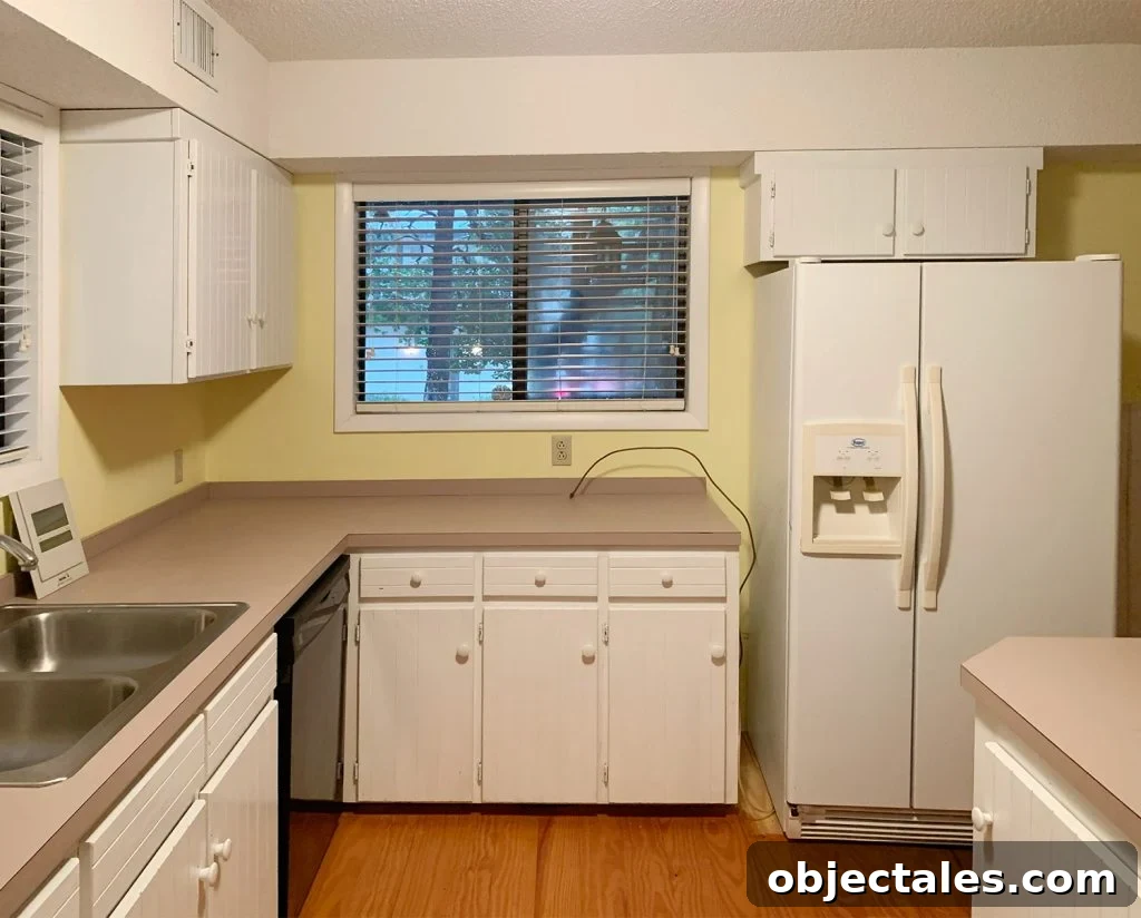 Kitchen Before Photo With Pink Counters And Yellow Walls